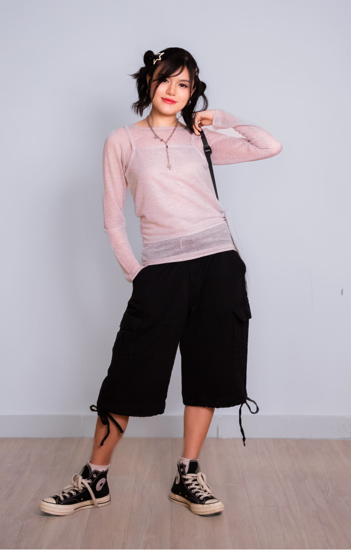 Layered Shirring Sheer Top