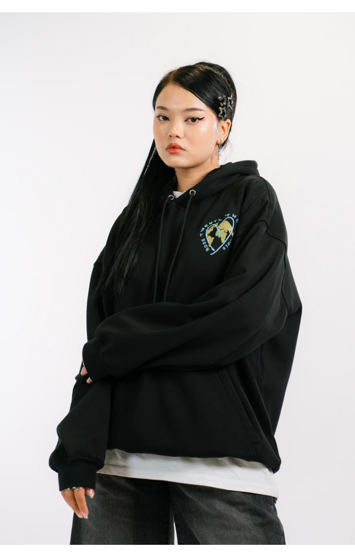 Earth Embroidered Black Hoodie